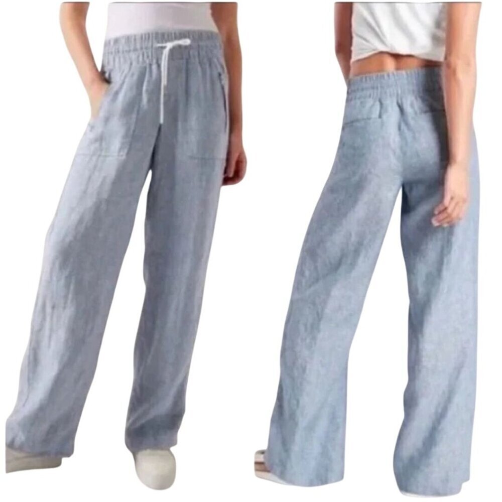 Athleta Cabo 100% Linen Wide Leg Pant Pale Blue Pockets Comfort Size 18